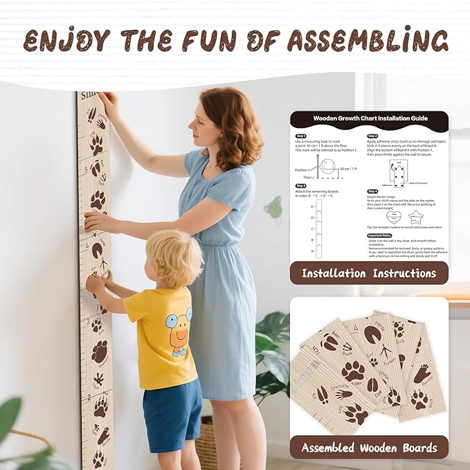 Personalized Growth Chart for Wall, Animal Footprints Height Chart for Kids, Customize Growth Measuring Board for Girls Boys Teen Room Nursery Wall Decor