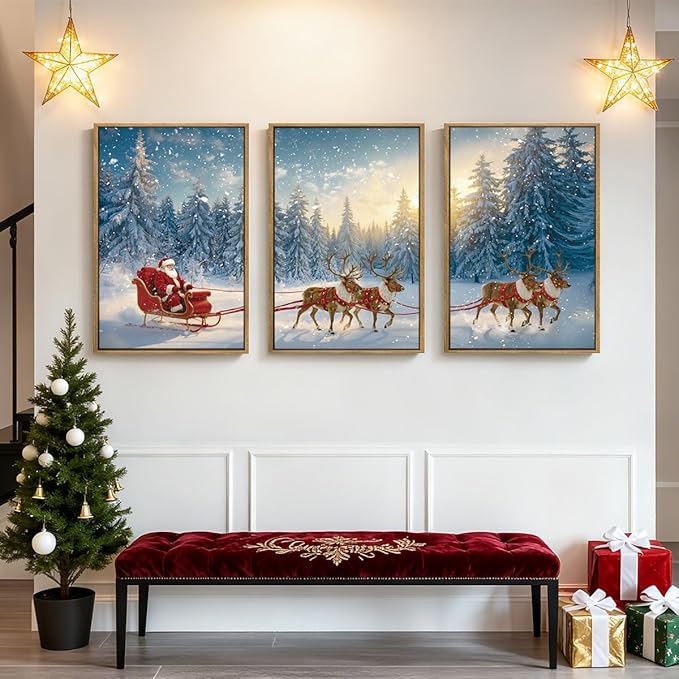 Framed Christmas Wall Art Santa Claus Wall Art Santa Winter Artwork for Living Room Bedroom Dining Room 12x16 Inches Set of 3