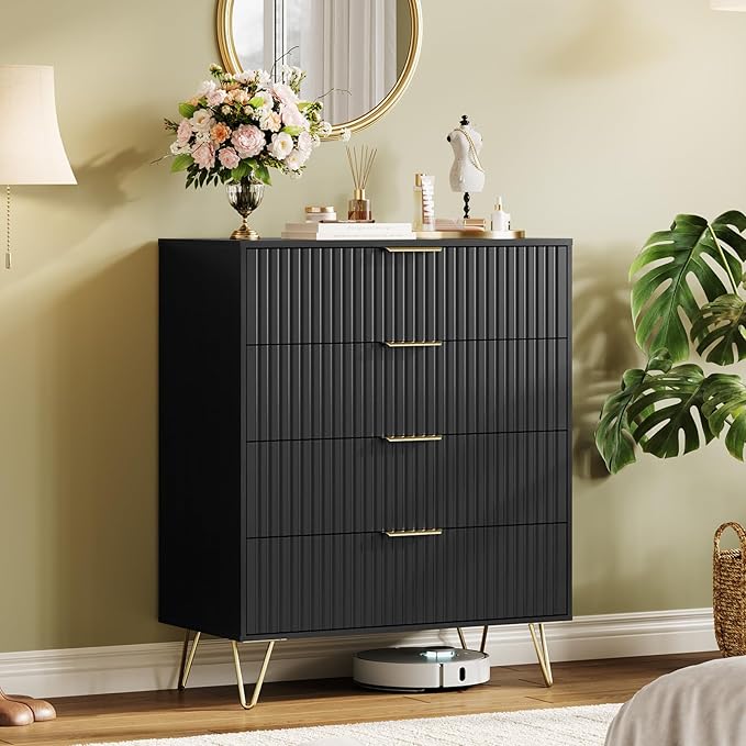 Garvee Fluted Dresser for Bedroom with 4 Drawers,32" Wide Modern Chest of Wooden Bedroom Chest with Metal Handle,Wide Clothes Storage Organizer,Closet Dresser & TV Stand for Living Room,Hallway,Black