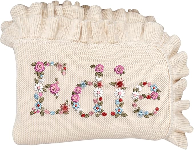 Personalized Floral Embroidered Name Blanket – Soft Cotton Knit Newborn Blanket, Custom Keepsake Gift, Cozy Cover for Girls, Unique Shower Present