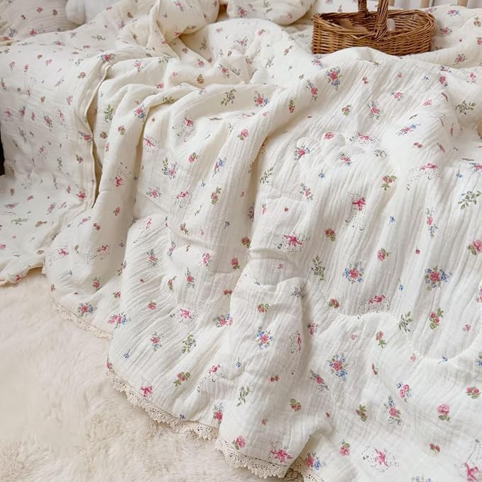 BuLuTu Pink Floral Kids Blanket for Todder/Twin Bed Muslin Cotton Comforter for Girls Boys, Soft Breathable Quilted Blanket Cute Sheep Pattern Toddler Quilt for All Seasons, 60x78 Inches