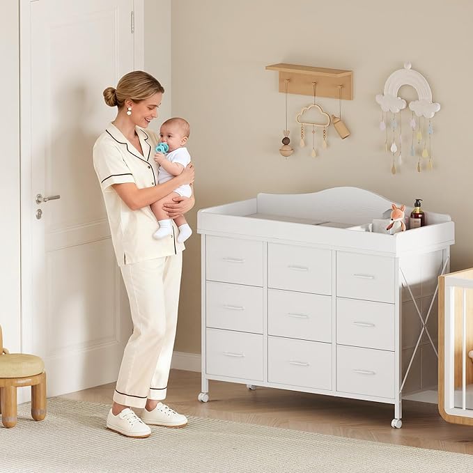 Baby Changing Table with 9 Fabric Drawers, Waterproof Diaper Changing Station & Pad, Mobile Nursery Diaper Changing Table, Baby Furniture, Bedroom, White
