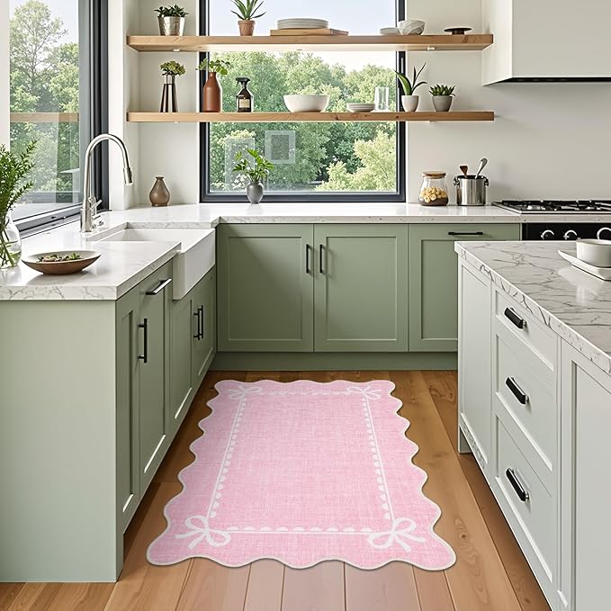 GarveeHome Scalloped Bow Rug for Kitchen Floor, Solid Pink Rug for Dorm, Washable Entryway Rugs 2x3 Soft Low Pile Non Slip Scalloped Rugs for Nursery Bedroom Decor Hallway