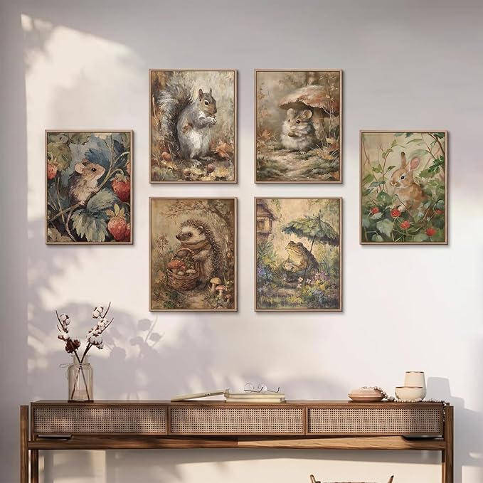 6 Pcs Woodland Animal Nursery Canvas Wall Art Vintage Forest Animal Nursery Paintings Posters Rustic Cottagecore Bunny Pictures for Gallery Kids Room Girls Boys Home Decoration (8x10inch Unframed)