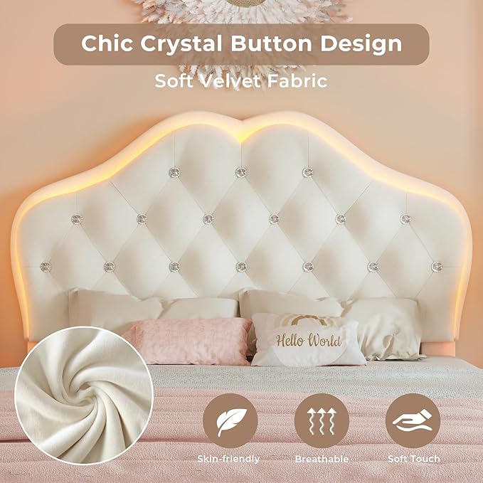 BTHFST Twin Size Upholstered Bed Frame with LED Lights, Adjustable Headboard with Crystal Button, Princess Platform Bed for Girls, Solid Wood Slats Support, No Box Spring Needed, Beige