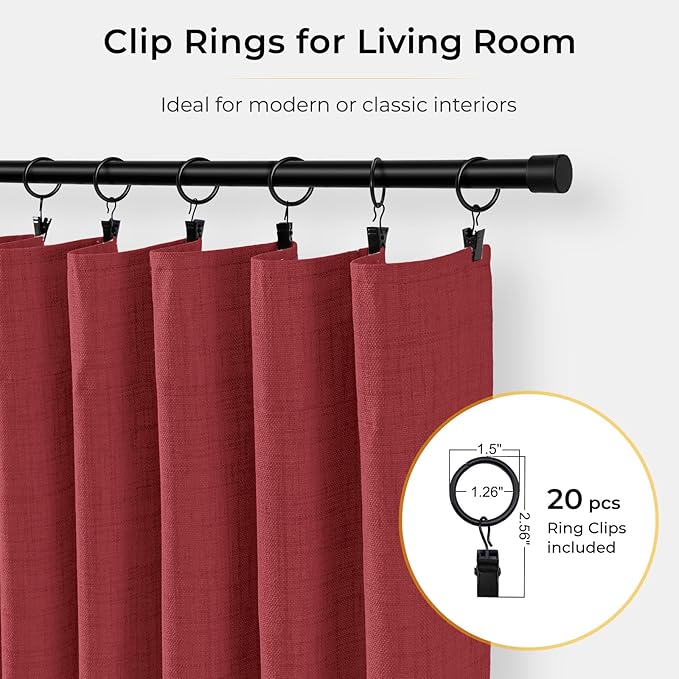 INOVADAY 100% Blackout Curtains for Bedroom, Black Out Curtains 84 Inch Long, Clip Rings Linen Blackout Drapes, Thermal Insulated Room Darkening for Living Room, 2 Panels - Ruby Red,W50xL84