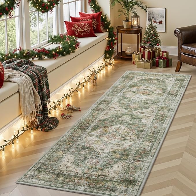 AMOAMI-2X6 Runner Rug-Washable Runners for Hallways-Soft Non Slip Bedside Rugs for Bedroom-Vintage Long Rug for Hallways Entryway Laundry Room Stair Kitchen Bathroom Olive Green
