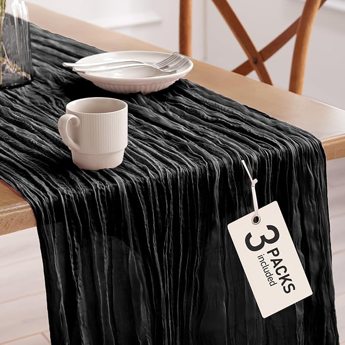 Pureegg 3-Pack Cheese Cloths Table Runner, 120'' Boho Table Cloth Decorations for Party, Baby Shower, Wedding and Farmhouse, Fabric Room Decor, Black