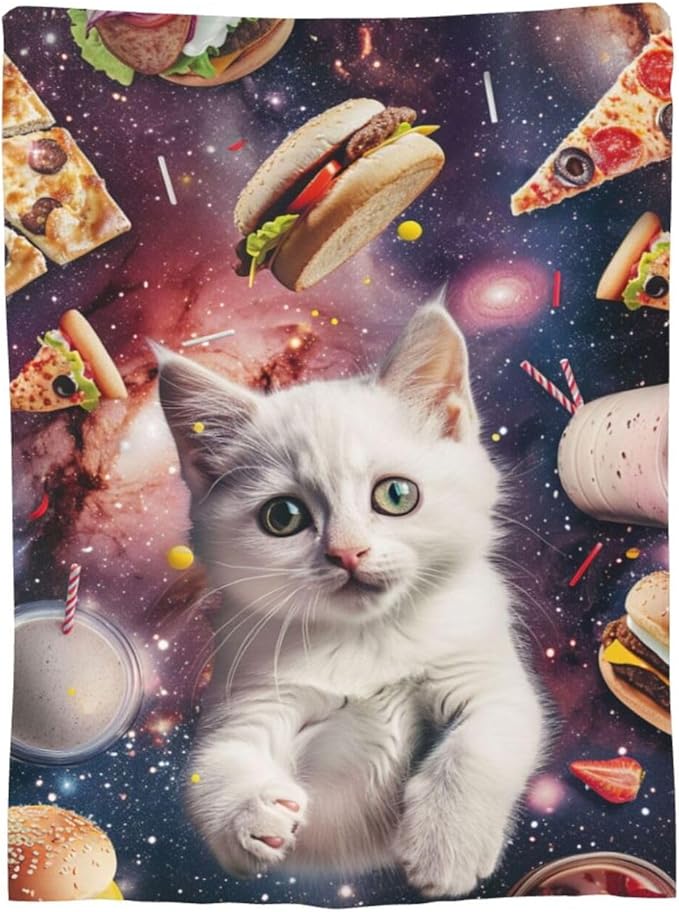 Cat Blanket Space Galaxy Throw Blanket Pizza Burger Flannel Stuff Animals Merch Cozy Decor Fleece Plush Fuzzy Warm Soft Lightweight Bedding Cats Lover Gifts for Men Women Girl Boy Couch 60"X50"