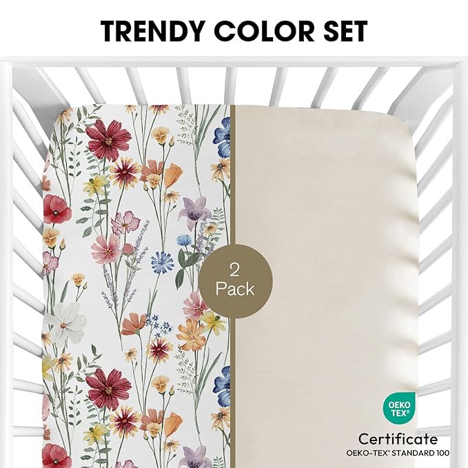Little Grape Land Pack and Play Sheets Mini Crib Sheets Soft Breathable Pack N Play Sheets, Playard Fitted Sheet 2 Pack Stretchy Fits 38"x26" Playard Mattress, Spring Flower