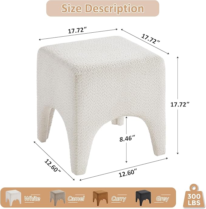 17" Boucle Modern Square Foot Stool Ottoman, Vanity Stool for Makeup, Rectangle Foot Rest for Couch, Upholstered Ottoman Stool for Living Room, Bedroom, Entryway (2, White)