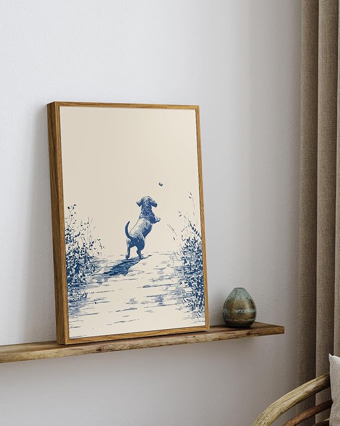 ARPEOTCY Vintage Framed Canvas Wall Art, 12x16inch, Farmhouse Happy Dog Wall Decor, Animal Art Prints Home Decorations, Sketch Paintings for Living Room Bedroom Shelf Decor