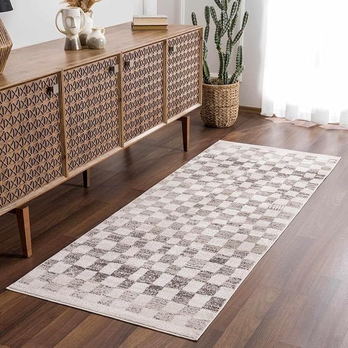 Hauteloom Pertek Modern Checkered Runner Rug - Modern Geometric Carpet for Hallway, Kids Room, Nursery - Bohemian Boho Carpet - Cream, Beige, Tan - 2'7" x 10'