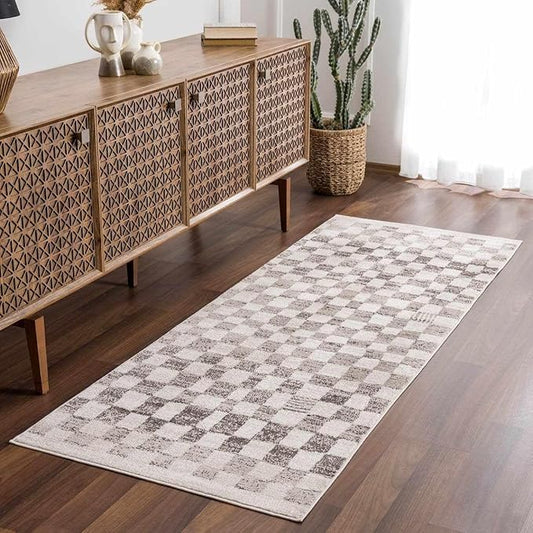 Hauteloom Pertek Modern Checkered Runner Rug - Modern Geometric Carpet for Hallway, Kids Room, Nursery - Bohemian Boho Carpet - Cream, Beige, Tan - 2'7" x 10'