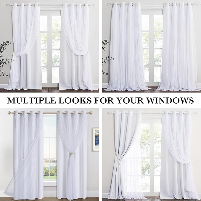 PONY DANCE Bedroom Curtains 63 Inch Length - Sheer Overlay Blackout Curtains, 52 inches Wide, Window Treatment Panels, Cortinas De Sala Elegantes (Winter White, Set of 2, with Extra Tie-Backs)