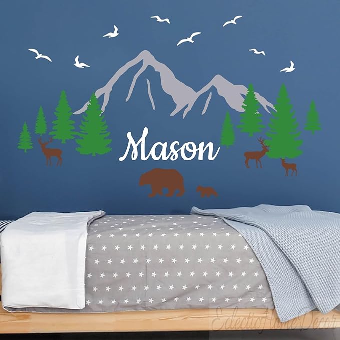 Custom Name Mountains Wall Decal Nursery Boho Theme Nursery Wall Sticker Wall Art Bear Trees Wall Decor Kids Wall