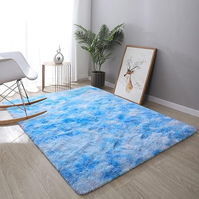 DweIke Fluffy Blue Shag Rugs for Bedroom Living Room, 6x9 Large Soft Plush Tie-Dyed Light SkyBlue Girls Boys Kids Rug, Upgraded Non-Slip and Machine Washable Carpet for Dorm Nursery Classroom Decor