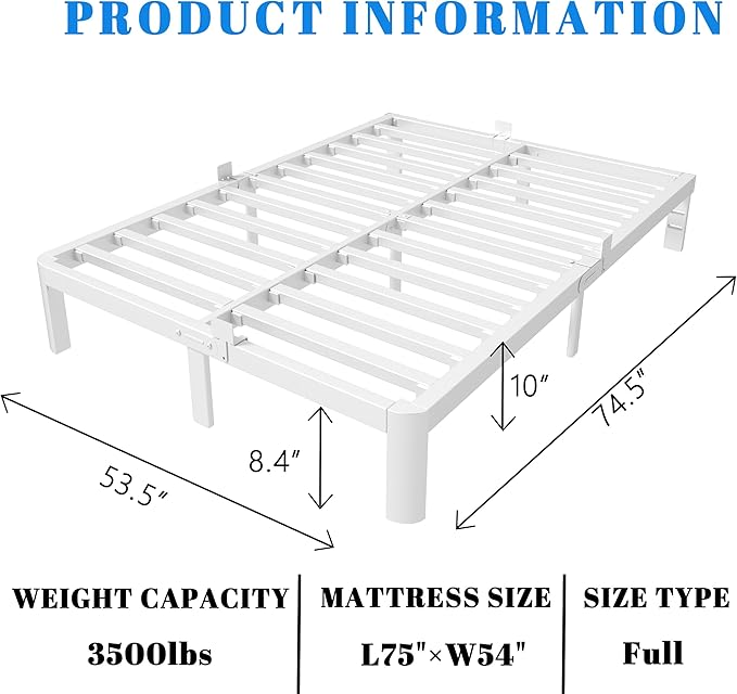 10 Inch Full Size Bed Frame, White Bed Frame Full with Metal Gaskets, No Box Spring Needed, Rounded Corner Design, Heavy Duty Steel Platform Support,Reserved Holes, Noiseless, Storage Space