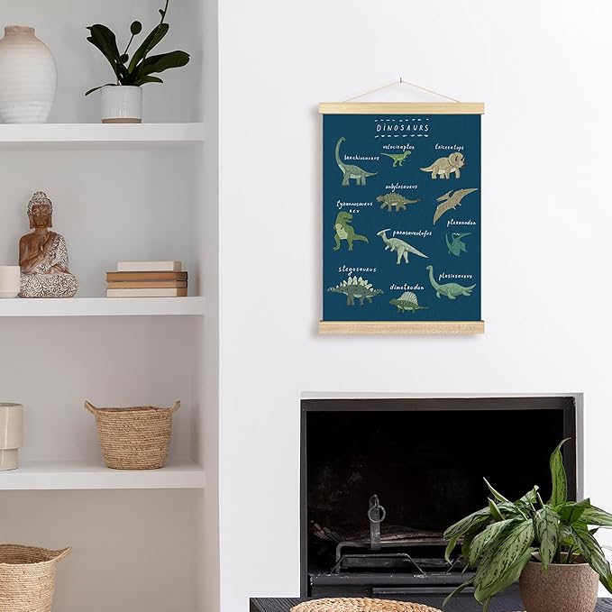 BCUANGD Dinosaur Dino Wall Decor - Dark Blue Baby Toddler Boys Room Wall Art Poster Hanger with Wood Frames, Inspirational Wall Hanging Canvas Decor for Kids Room Nursery Bedroom, 12x16 Inches