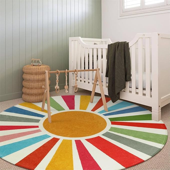 STARUIA Round Boho Rug 6 Ft Washable Round Area Rug for Playroom, Sunshine Circle Rug for Kids Room, Non-Slip Circluar Rainbow Carpet Soft Large Kids Rug for Classroom Dorm Bedroom