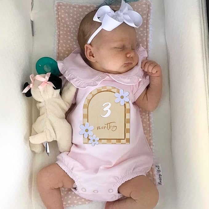Daisy 3D Baby Monthly Milestone, Wooden Baby Milestone Signs, Monthly Milestone Wood Discs, Baby Milestone Discs (Caro Card)