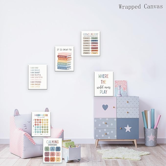 UNXIS Growth Mindset Poster Positive Affirmations Wall Decor It Is Ok To Be Yourself Frame Canvas Wall Art Calming Corner Strategies Chart 8x10in Set of 6 for Boy Girl Baby Children's Room