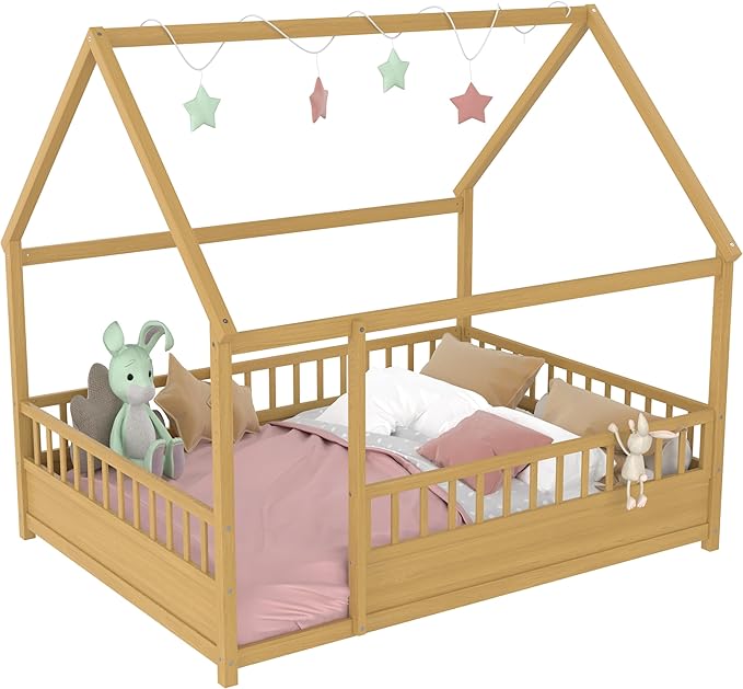 Ball & Cast Full Size House Bed Frame,Montessori Floor Bed with Safety Fence and Roof for Kids,Wood Platform Bedframe W/Open Door for Girls Boys,Bedroom,Playroom,Easy Assembly,Natural