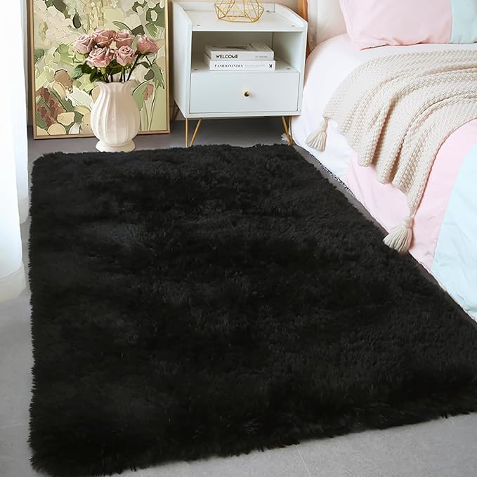 3x5 Black Fluffy Shag Rug for Bedroom, Soft Plush Fuzzy Washable Non Slip Floor Cozy Carpet, Modern Comfy Furry Shaggy Small Area Rug for Living Room, Kids Baby Boys Girls Nursery Dorm Room