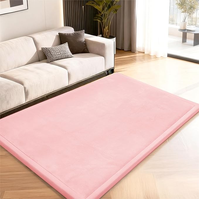 ACOMOPACK Baby Play Mat for Floor,1.3" Thick Memory Foam Area Rug for Living Room,Soft Velvet Crawling with Non-Slip Bottom for Kid,Toddler,39"×59" Tummy Time Nursery Rugs,Yoga（Pink）
