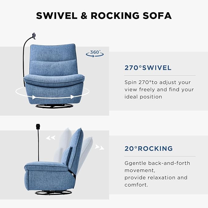 Nouhaus Swivel Nursery Recliner Glider, Oversized Electric Rocker Recliner Chair with USB & Type-C Port, Wireless Charger Phone Holder, Reclining Rocking Chair for Nursery (Snooze Modern, Sky Blue)