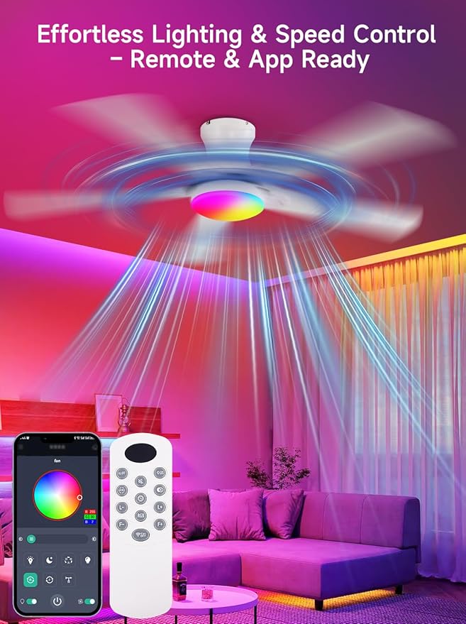 52 Inch Ceiling Fans with Lights, RGB Ceiling Fan with Remote and App,Flush Mount Low Profile, Dimmable 35W LED, Reversible, Smart Ceiling Fan for Bedroom Nursery Living Room Apartment,White