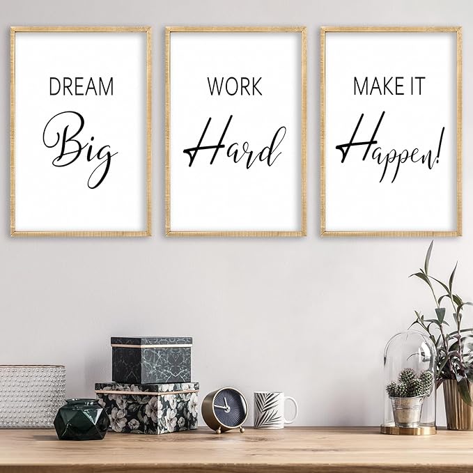Motivational Positive Sign Wall Decor 11x16 Inch Office Set Of 3 Wood Framed Large Inspirational Quotes Living Room Home Wall Art Dream Big Work Hard Make it Happen women Hanging (Wood)