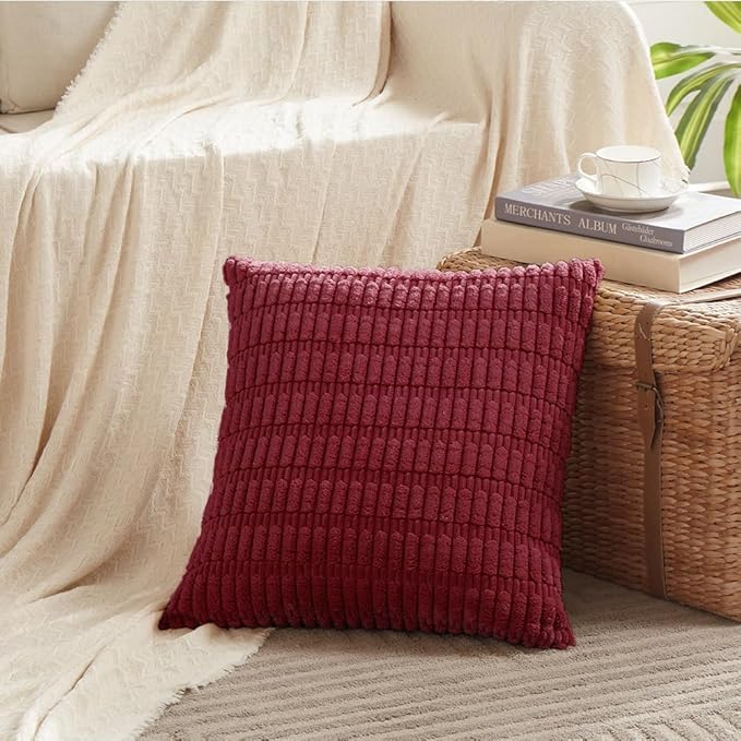 Fancy Homi 2 Packs Christmas Wine Red Decorative Throw Pillow Covers 18x18 Inch for Living Room Couch Bed Sofa, Modern Farmhouse Boho Home Decor, Soft Corduroy Burgundy Square Cushion Case 45x45 cm