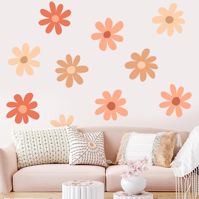 TaoBary 12 Sheets Daisy Wall Decal Flower Wall Sticker Cute Daisy Sticker Pink White Flower Decal Peel and Stick Floral Wallpaper for Nursery Bedroom Home Decor(Orange,Colorful Classic Style)