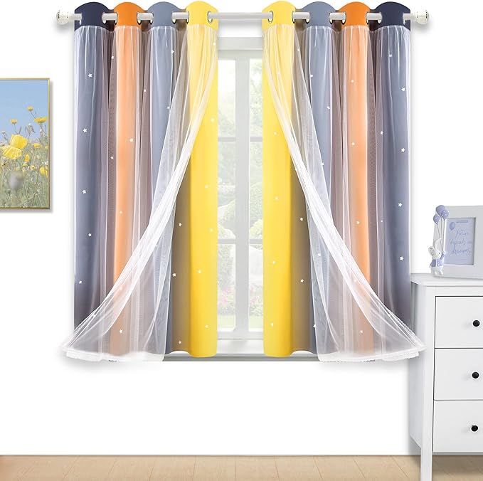 Kinryb Nursery/Kids/Girls Room Star Cut Out Blackout Rainbow Curtain with Sheer Overlay 2 Panels, Each 52 inch Wide,63 inch Length with White Gauze,Ombre Stripe Rainbow Curtains (2 Panels,52x63 Inch)