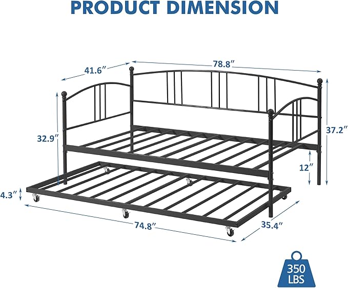 GarveeHome Daybed with Trundle, Sturdy Metal Day Bed with Steel Slat Support, Trundle Bed Twin with Arched Headboard, SofaBed for Living Room, Bedroom and Guest Room, Black