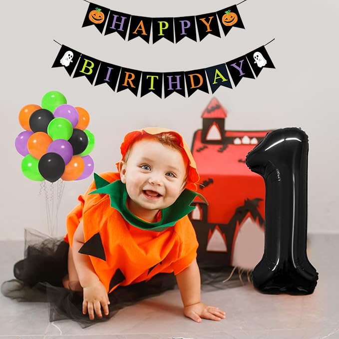 Halloween Decorations for Boys/Girls - Black, Orange, Purple, Green Balloons (40" & 1" Sizes) with Spooky Birthday Banner