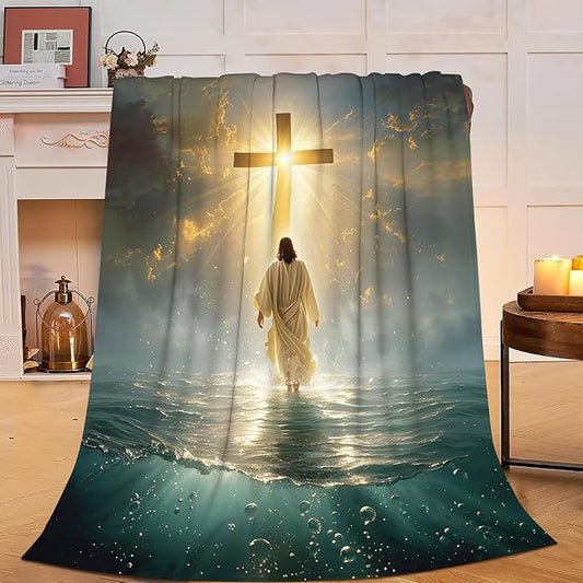 Jesus Christian Throw Blanket Jesus Walking on Water Fleece Blanket Christ Cross Religious Soft Cozy Fuzzy Plush Warm Stuff Bedding Blankets Gifts for Boys Girls Kids Adult Men Women 40"X50"