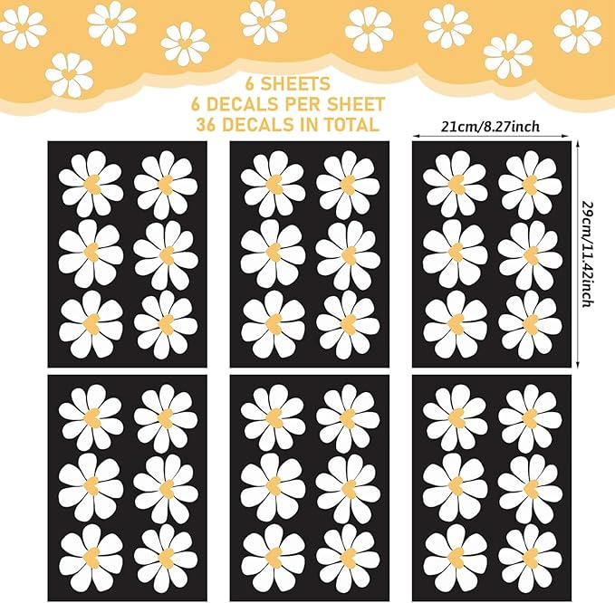 6 Sheet Daisy Wall Stickers White Heart Daisy Decals Peel and Stick Flower Wall Stickers White Flower Decals Floral Wallpaper for Bedroom Nursery Playroom Home Decor