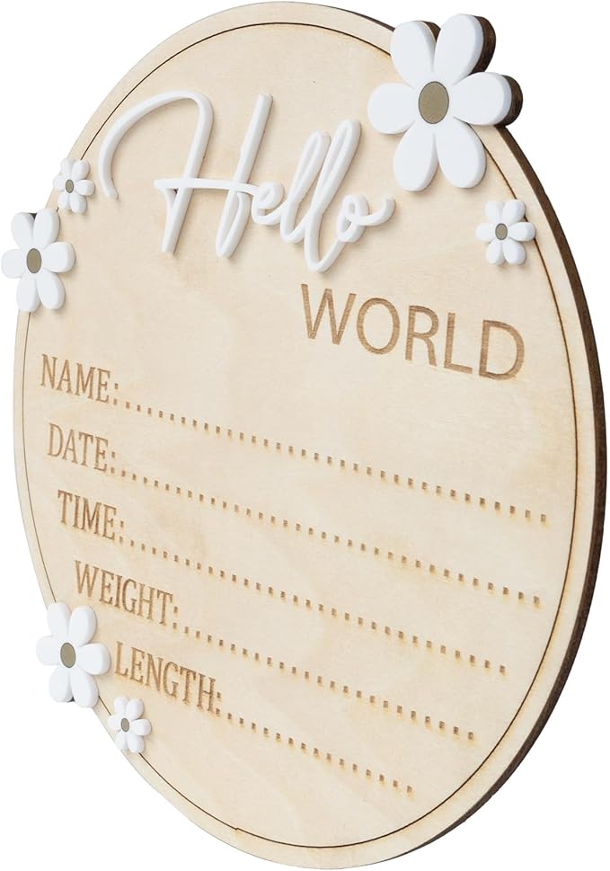 Baby Announcement Sign 6.5 Inch Wooden Hello World Newborn Welcome Sign Birth Name Plaques for Photo Props Shower Hospital Nursery (Daisy)