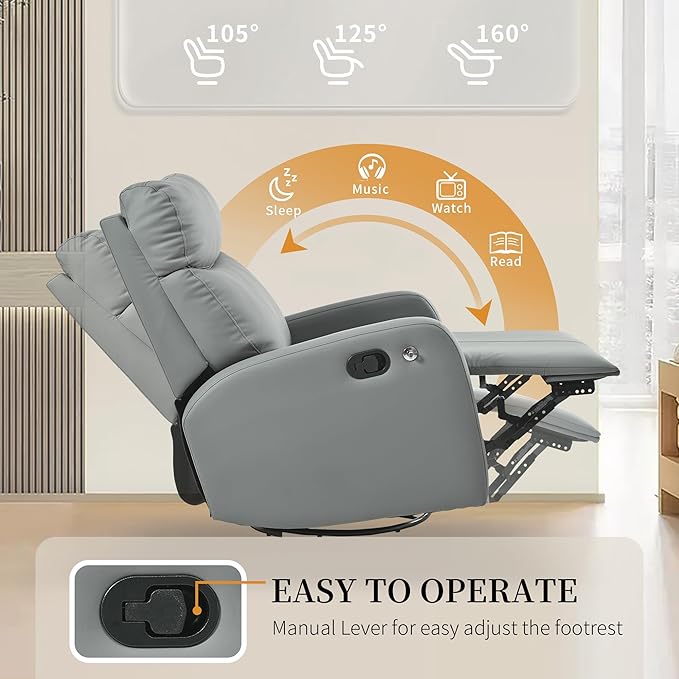 Swivel Rocker Recliner Chair for Nursery, Upholstered 360° Leather-air Glider Rocking Chair with Phone Holder, Manual Small Recliners for Small Spaces Living Room
