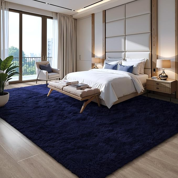 EVOIONOS Ultra Soft Area Rug for Bedroom, 4x6 Machine Washable Fluffy Shag Rug for Living Room, Plush Non Slip Carpet Indoor Floor Bedside Nursery Kids Girls Room Dorm, Home Decor Aesthetic, Navy Blue