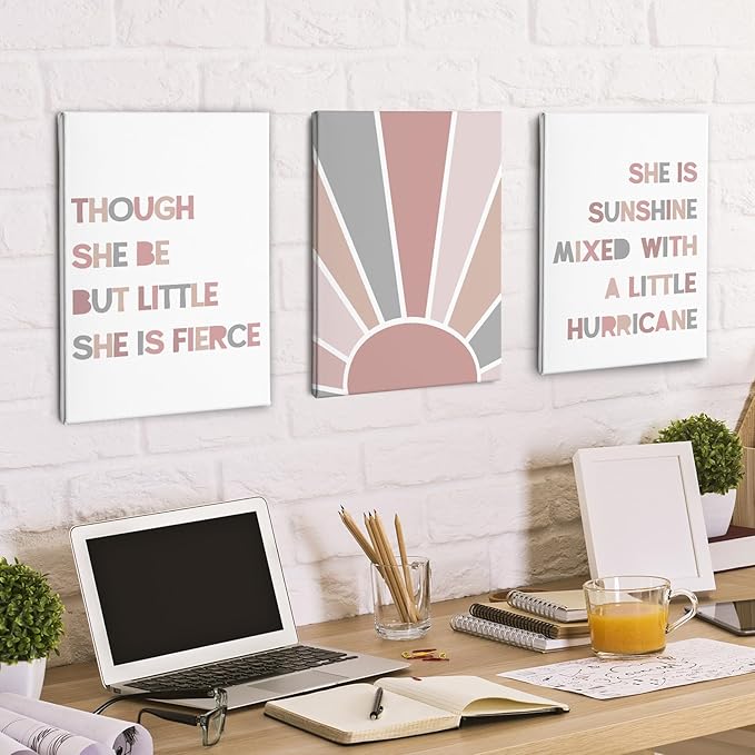 PHAMTE Nursery Boho Girls Bedroom Wall Art Decor Set of 3, She is Sunshine Mixed with a Little Hurricane Sunshine Sun Print Framed Canvas Painting Artwork for Room Bedroom Home Playroom 16x24in