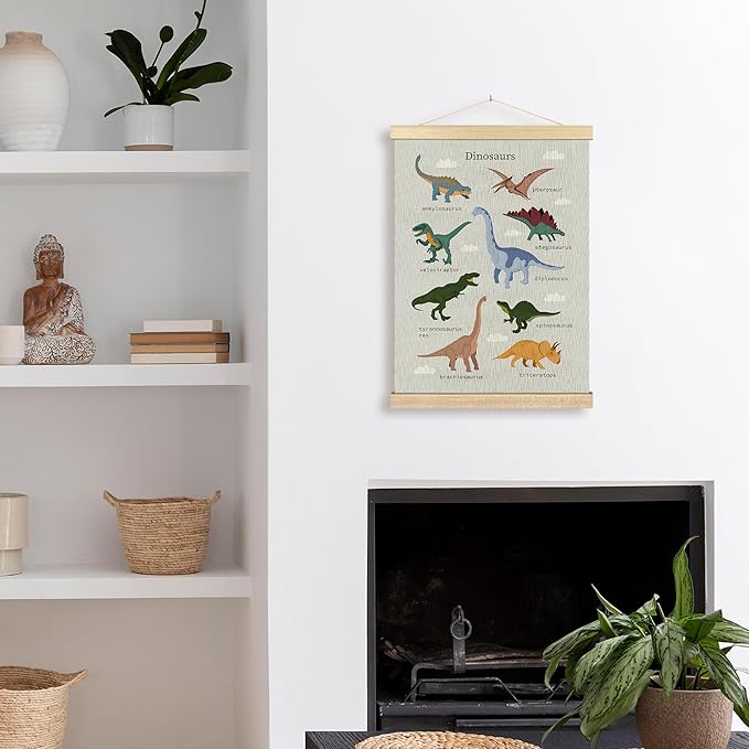 BCUANGD Dinosaurs Dino Wall Decor - Toddler Baby Boys Room Wall Art Poster Hanger with Wood Frames, Inspirational Animals Wall Hanging Canvas Decor for Kids Room Nursery Bedroom, 12x16 Inches