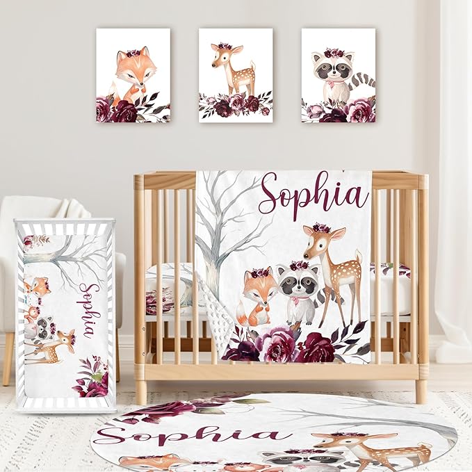 Custom Baby Crib Bedding Set,Personalized Name Rose Animal Pattern Nursery Bed Set 4 Piece,Baby Blanket Fitted Sheet Nursery Rug Wall Art Set,Custom Room Decor Idea Gift for Newborns Boys Girls
