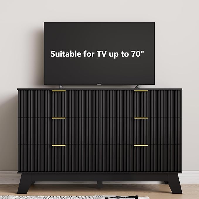 6 Drawer Dresser for Bedroom, Black Fluted Dressers Chest of Drawers with Gold Handle, Wood Mid Century Modern Dressers for Closet, Bedroom Dresser Storage Organizer for Living Room, Hallway