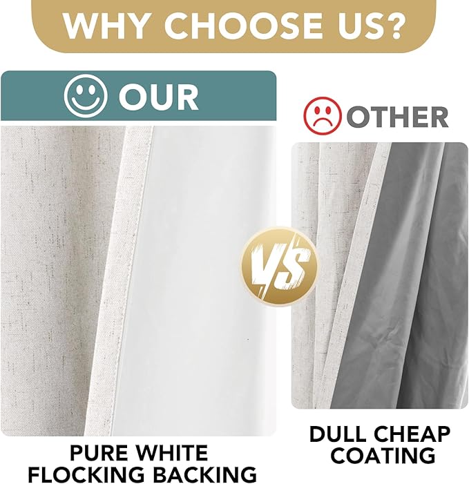 H.VERSAILTEX Linen Blackout Curtains 63 Inches Long 100% Absolutely Blackout Thermal Insulated Textured Linen Look Curtain Draperies Anti-Rust Grommet, Energy Saving with White Liner, 2 Panels, Ivory