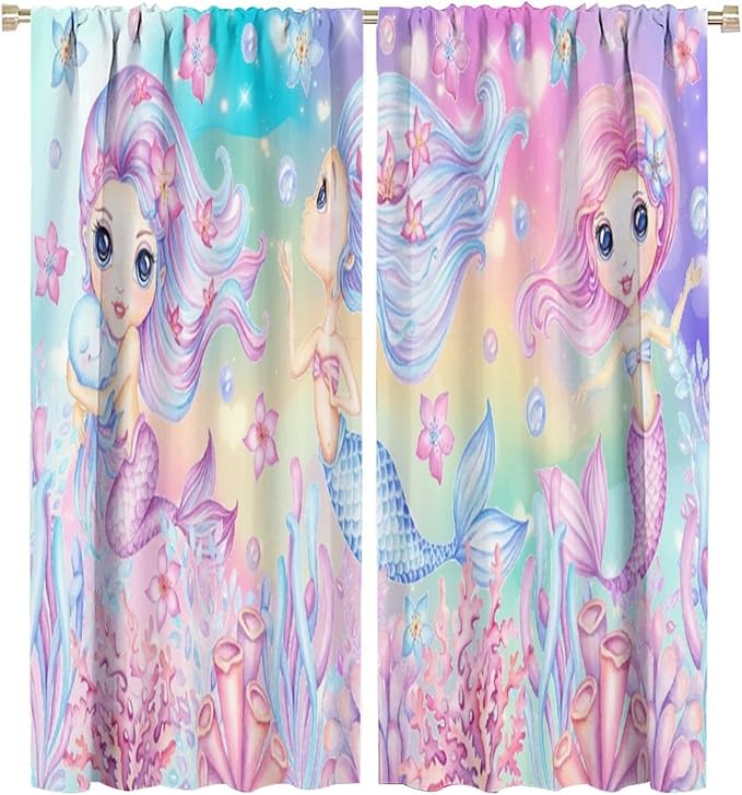 Cartoon Mermaid Kids Curtain Fantasy Ocean Theme Coral Flower Floral Window Treatment for Kids Girls Bedroom Nursery Room Decor Rod Pocket Blackout Window Drapes 55x63in