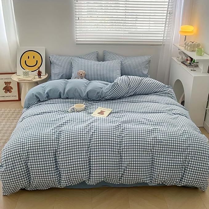 Gingham Duvet Cover Queen Size Blue Striped Bedding Set 3Pcs Kids Boys Girls Geometric Stripes Grid Lattice Soft Breathable Microfiber Comforter Cover with 2 Pillowcases
