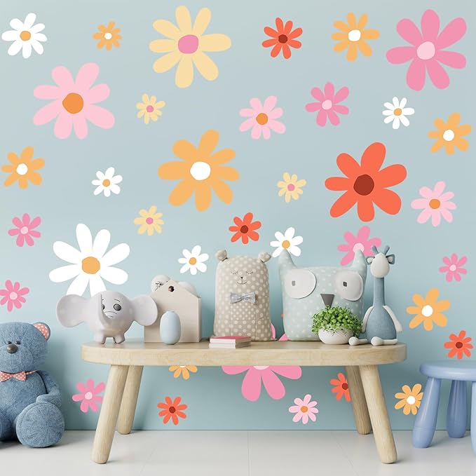 TaoBary 12 Sheets Daisy Wall Decal Flower Wall Sticker Cute Daisy Sticker Pink White Flower Decal Peel and Stick Floral Wallpaper for Nursery Bedroom Home Decor(Orange,Lovely Style)